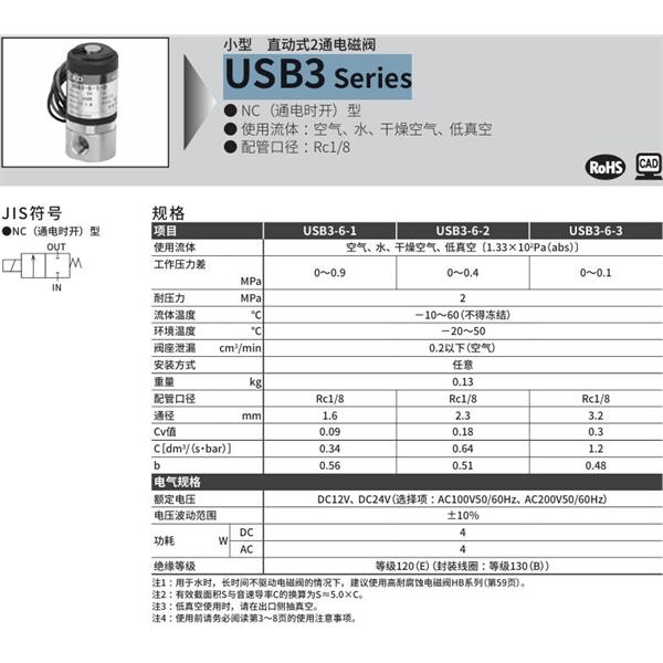 CKD喜開理多種流體小型直動式2通電磁閥USB3-6-1-V-DC12V