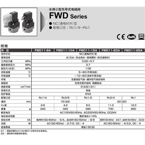 CKD喜開(kāi)理水用小型先導(dǎo)式電磁閥FWD11-10A-E2GSB-AC200V