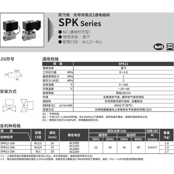 CKD喜開理蒸汽用先導(dǎo)突跳式2通電磁閥SPK11-20G-C4A-AC100V