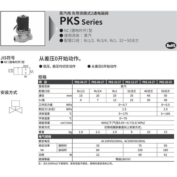 CKD喜開(kāi)理蒸汽用先導(dǎo)突跳式2通電磁閥PKS-14-27-4M-AC100V
