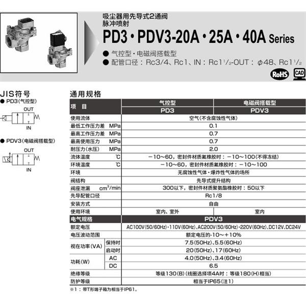 CKD喜開理脈沖噴射閥PDV3-40A·RC-N2CS-AC100V
