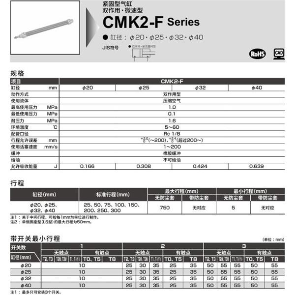 CKD喜開理緊固型氣缸CMK2-F-FA-20-100-T0H-R-MI